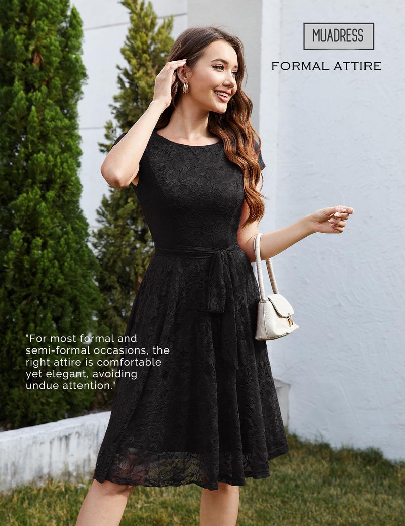 MUADRESS Women Cap-Sleeve Lace Floral Elegant Cocktail Dress Crew Neck Knee Length Bridesmaid Prom Dresses for Party Black S - Image 2